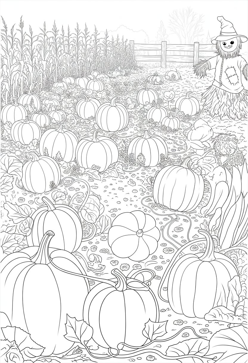 Halloween Coloring Pages Printable Featuring Classic Icons and Spooky Fun for All Ages 14 A pumpkin patch with many pumpkins, vines, corn stalks, a scarecrow, a wooden fence, fallen leaves, and bare trees in the background.